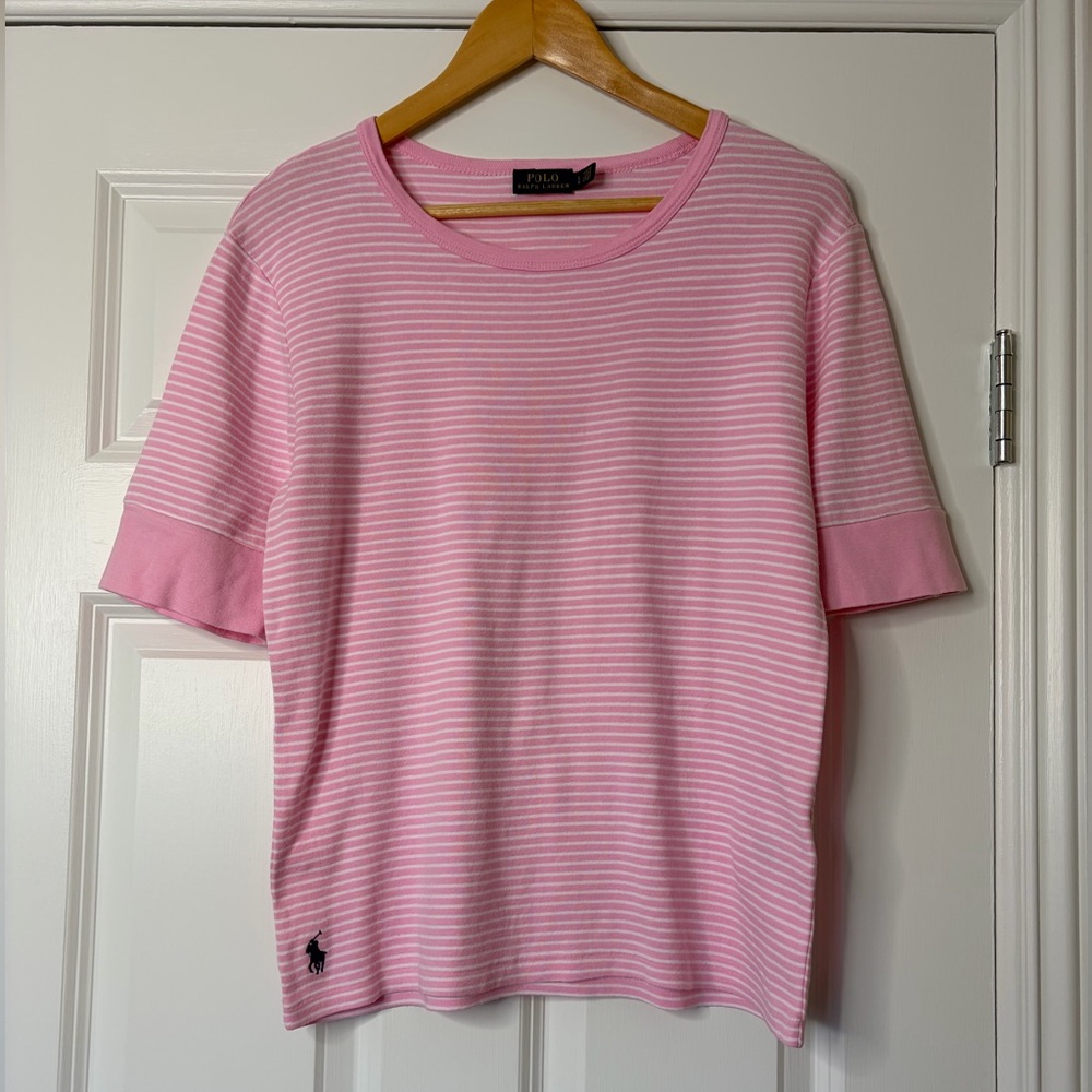 Polo Ralph Lauren Pink and White Striped Short Sleeve  Tee Size L